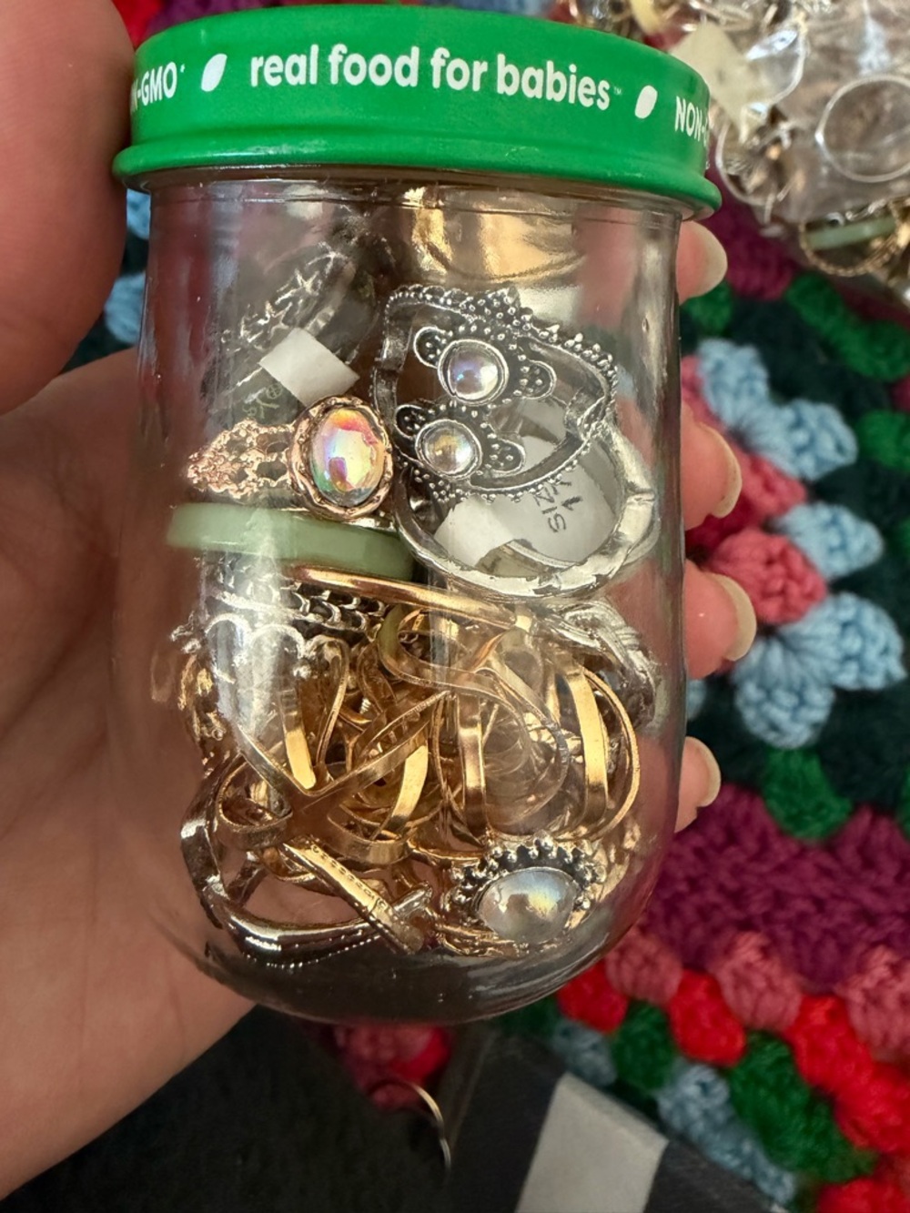 SOLD Mixed Gold & Silver Costume 50+ Rings filled jar - Iridescent Stones